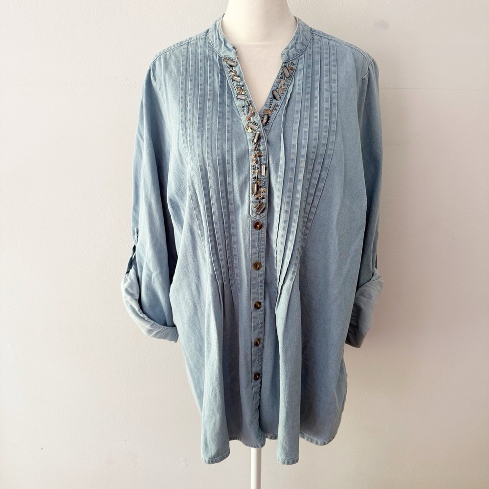 Roamans Chambray Shirt Women 18W Beaded Boho Western Coastal Grandma Tunic Artsy